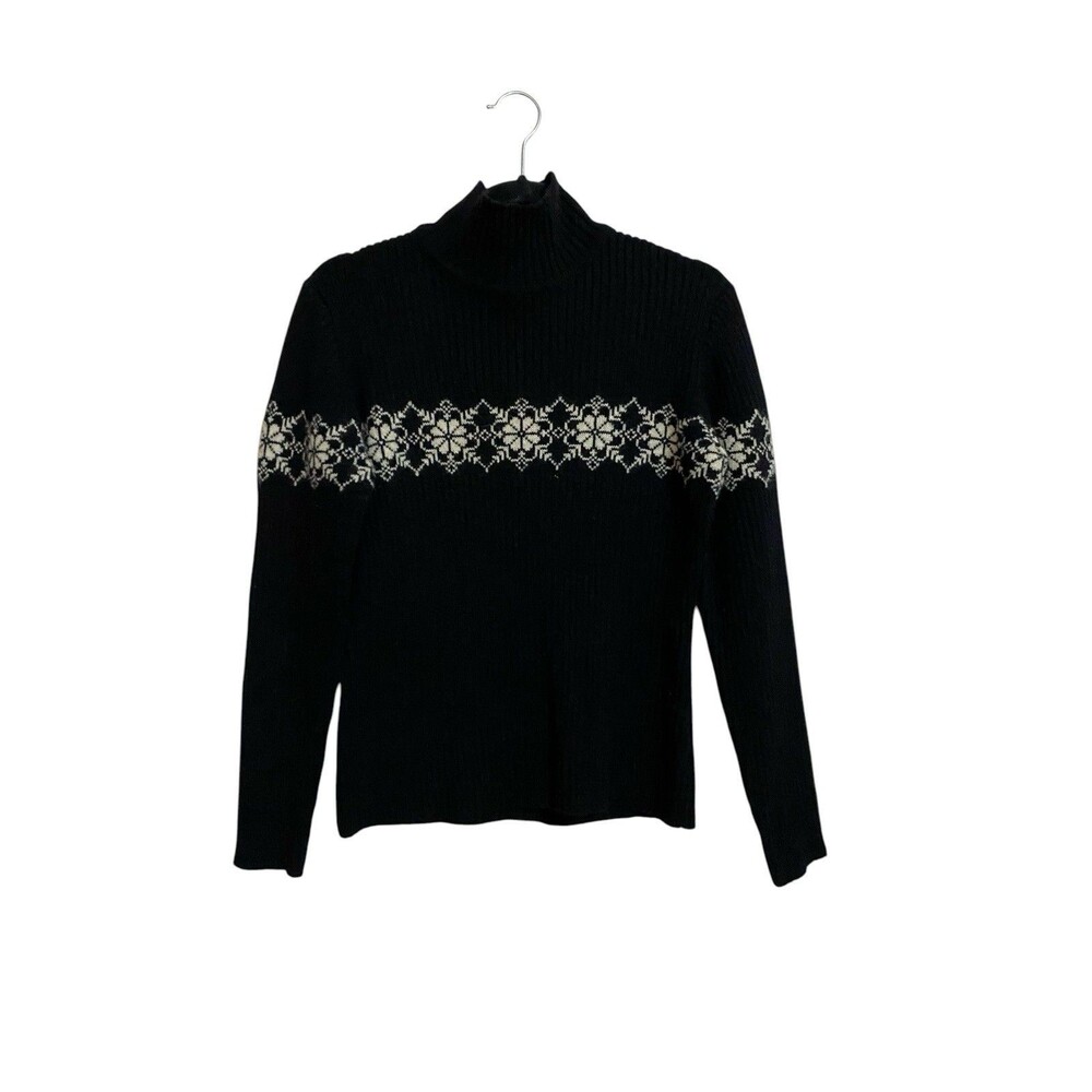 Ann Taylor Wool Angora Snowflake Sweater M Black White Fair Isle Mock Neck